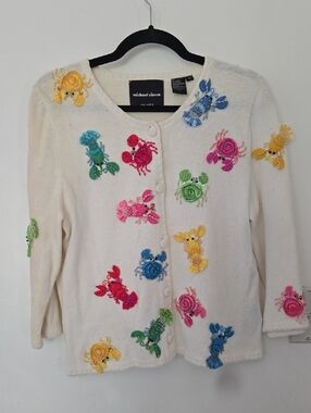 Michael Simon Ivory Cardigan with Multicolor Beaded Crab Appliqués